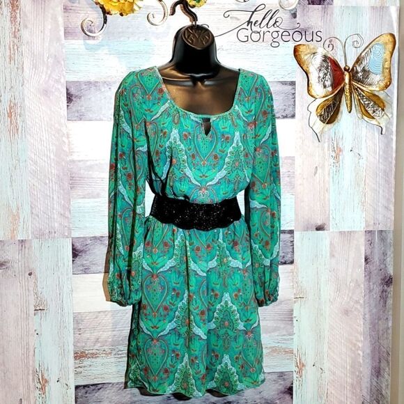 Chelsea & Violet Sherwood Forest Green Paisley Long Sleeve Dress Sz S New - Picture 1 of 13